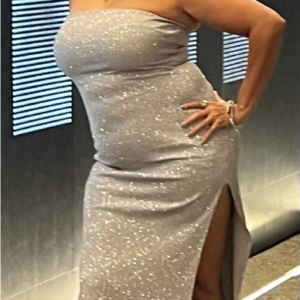Silver Glitter Fitted Dress w/Slits